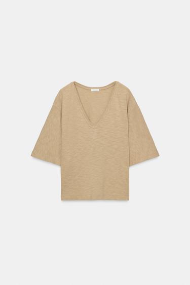 T-SHIRT MET V-HALS - geelbruin van Zara