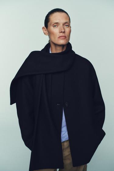 Zara WOOL BLEND SHORT COAT WITH SCARF - Navy blue