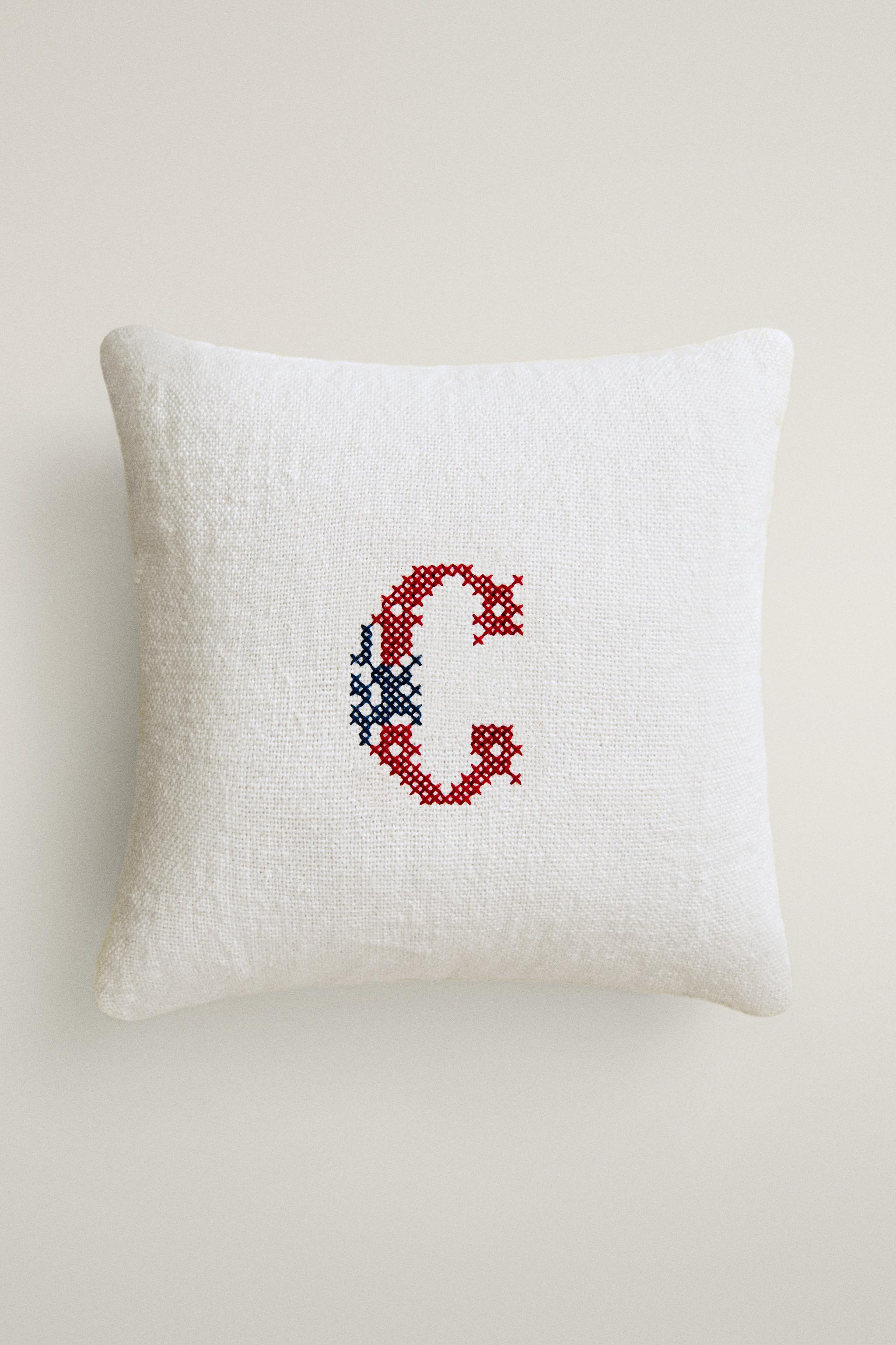 LETTER C EMBROIDERED LINEN CUSHION — Ecru
