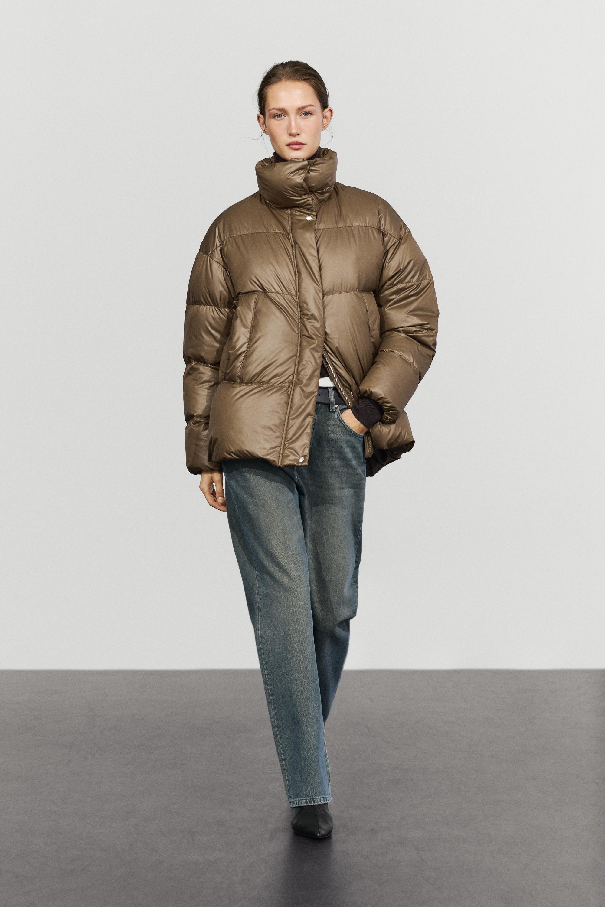 Down jacket with plaid interior detail - Dark mink | ZARA United