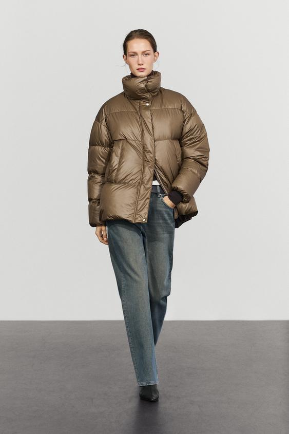 Zara Down jacket with plaid interior detail - Dark mink - Image 0