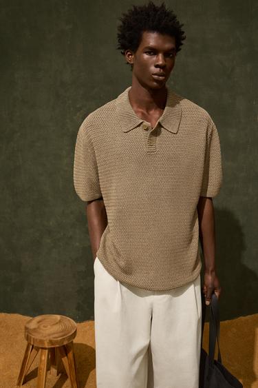 CROCHET KNIT POLO SHIRT - camel by Zara