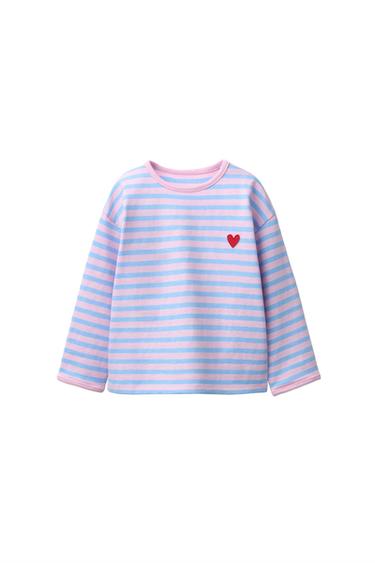 STRIPED T-SHIRT WITH EMBROIDERED HEART - Pastel blue by Zara