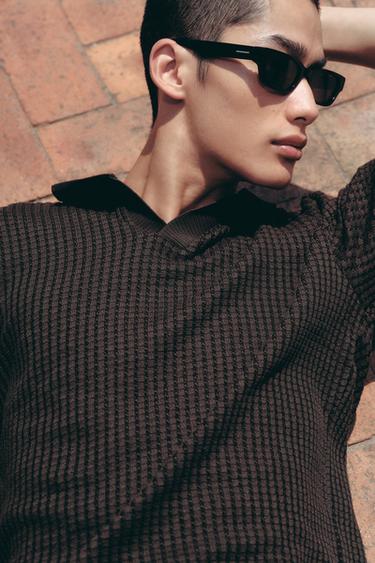 Zara 方格紋紋理 POLO 衫 - 深暗紅色