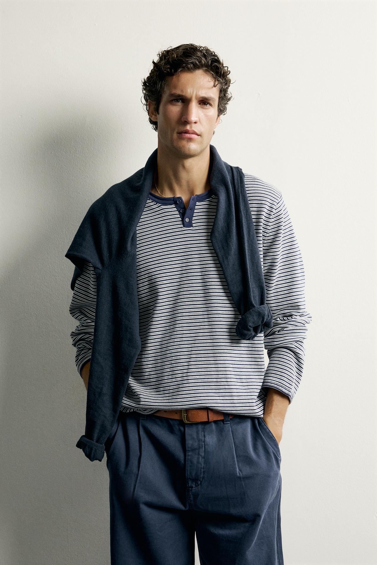 STRIPED HENLEY KNIT T-SHIRT — Striped