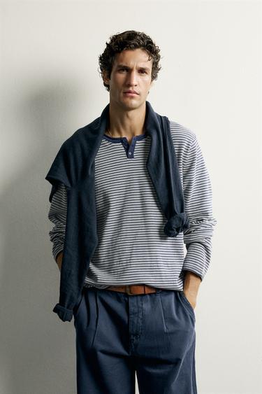 STRIPED HENLEY KNIT T-SHIRT — Striped 2