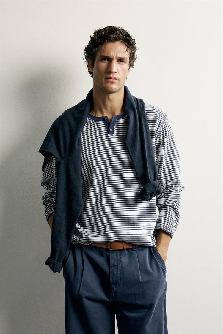 STRIPED KNIT HENLEY T-SHIRT
