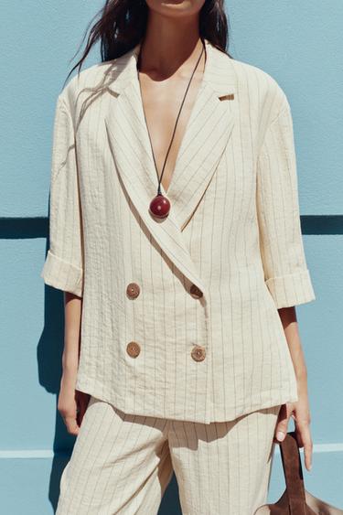 STRIPED DOUBLE-BREASTED BLAZER - Ecru / Black by Zara - Image 3