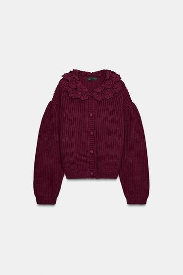 Zara FLORAL TEXTURED CARDIGAN - Burgundy