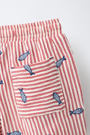 SHORT SEERSUCKER RAYURES BRODERIE POISSONS - Blanc / Rouge de Zara - Image 3