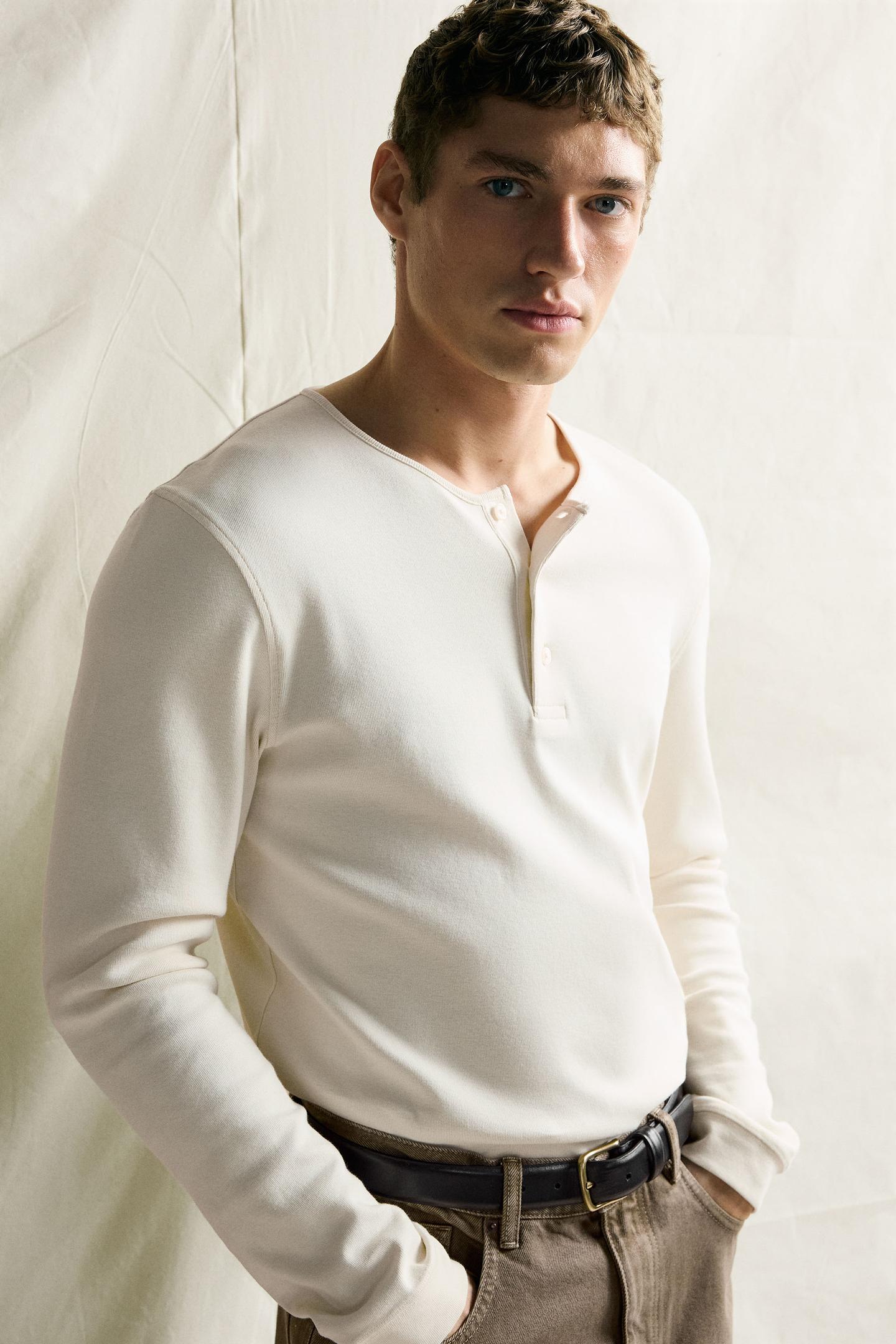 Мужская футболка Zara Henley, цвет: Устричный белый — фото 5