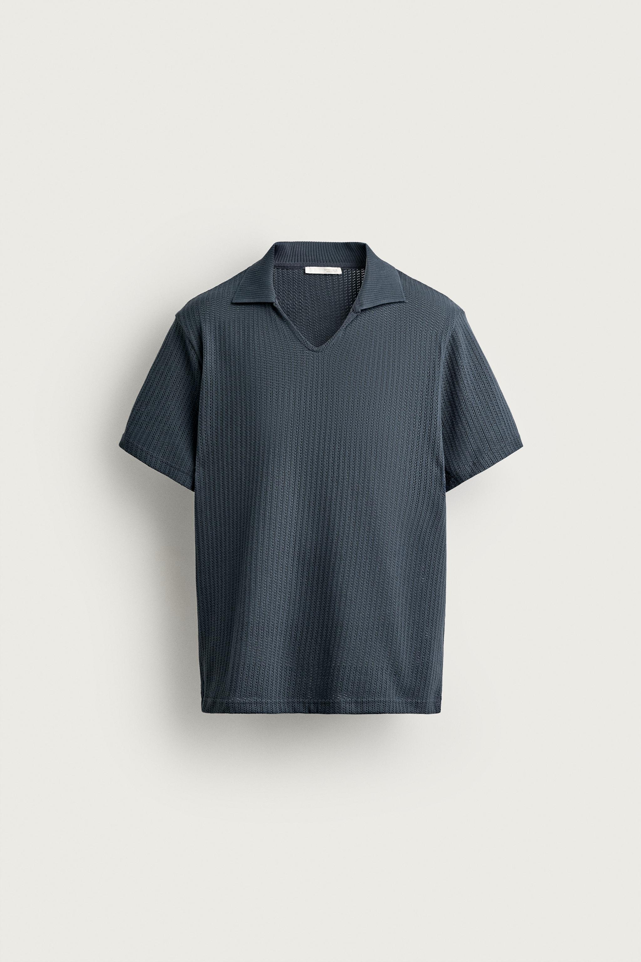 REGULAR FIT OPEN-KNIT POLO — Charcoal gray
