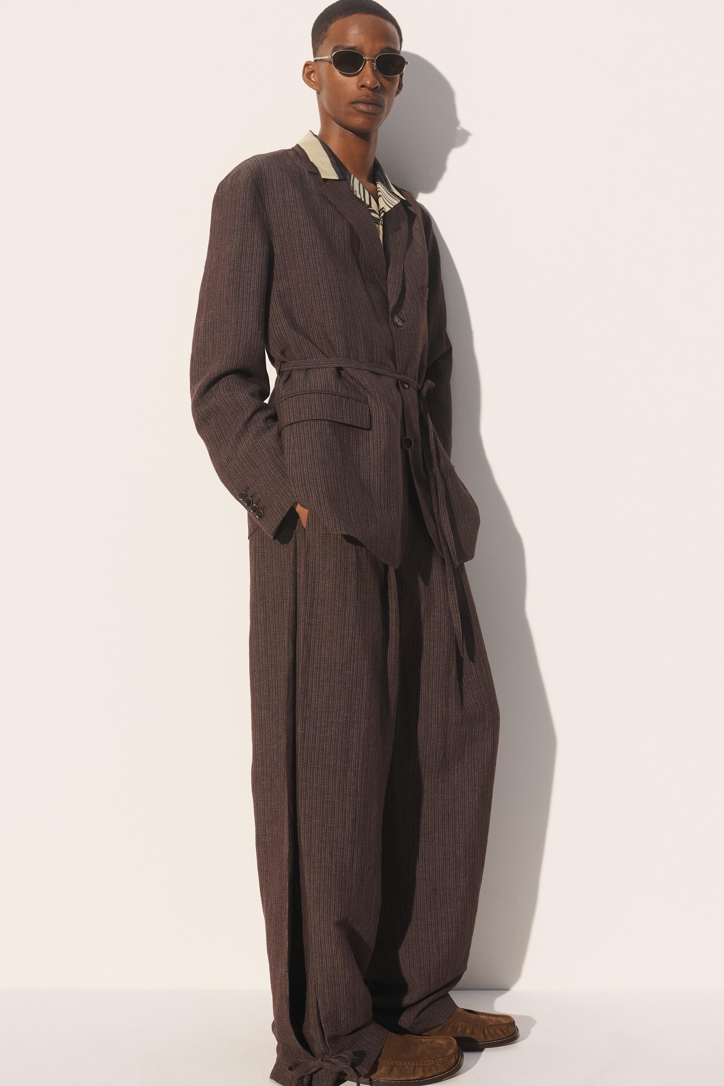 VISCOSE-LINEN STRIPED SUIT PANTS WITH SIDE PLEATS - Dark brown