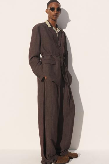 VISCOSE/LINEN STRIPED SUIT TROUSERS WITH SIDE PLEATS - Dark brown by Zara