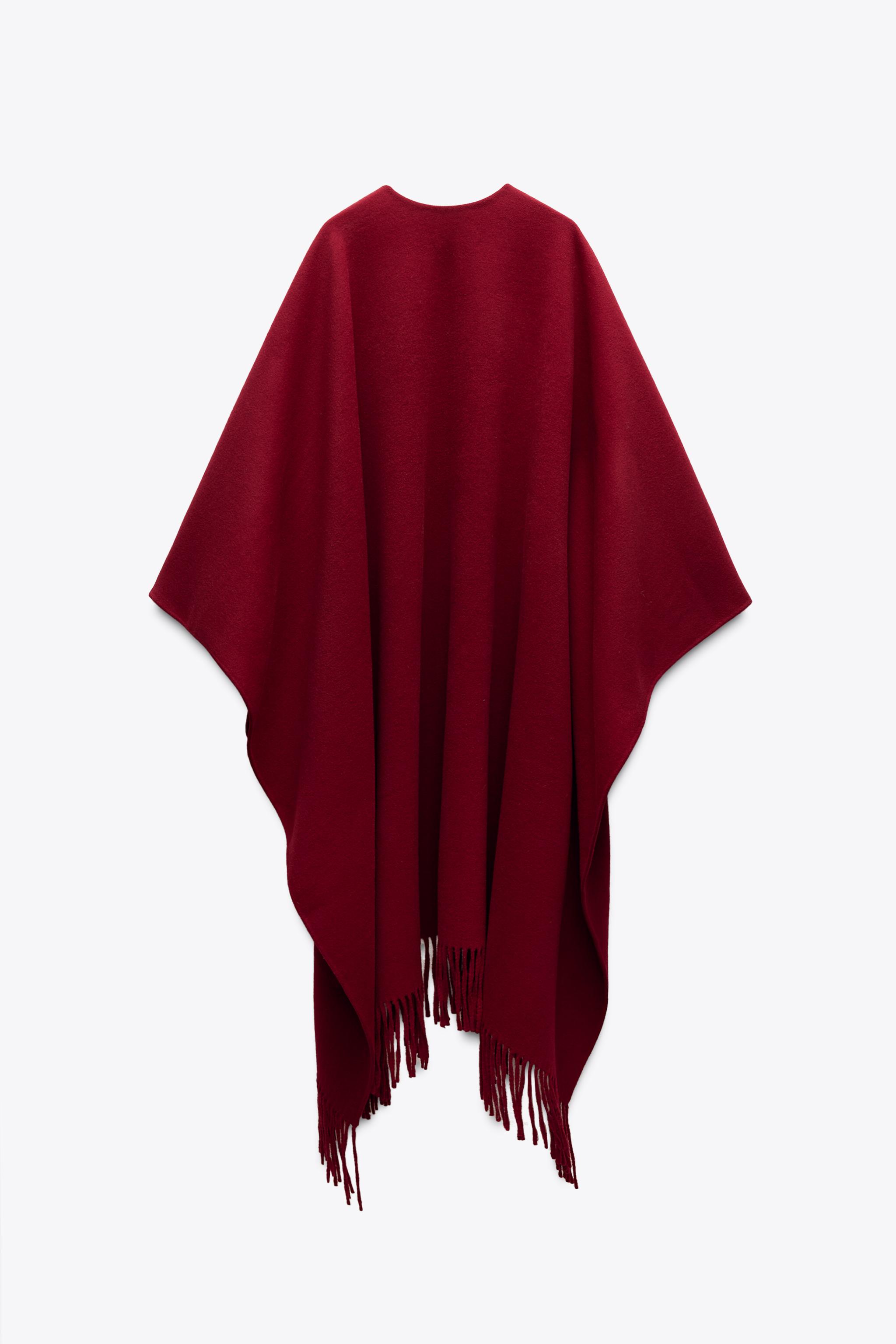 ZW COLLECTION ウール混フリンジケープ - ダークレッド | ZARA ZW COLLECTION ウール混フリンジケープ - ダークレッド | ZARA