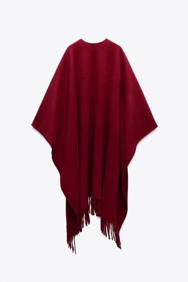 ZW COLLECTION FRINGED WOOL BLEND CAPE - Dark red by Zara - Image 5