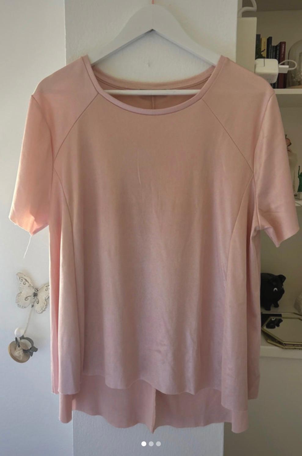 Light pink short-sleeved T-shirt hanging on a white hanger. Background with shelving and butterfly decoration.