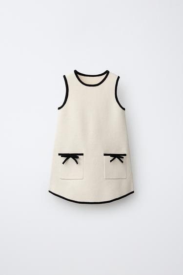 Zara CONTRAST BOW KNIT DRESS - Ecru / Black