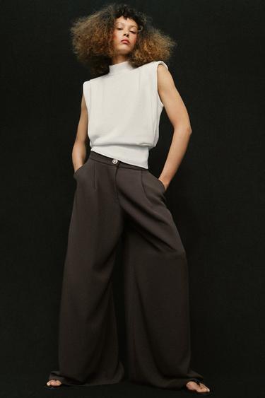 PALAZZO TROUSERS WITH GOLDEN BUTTON - Brown by Zara