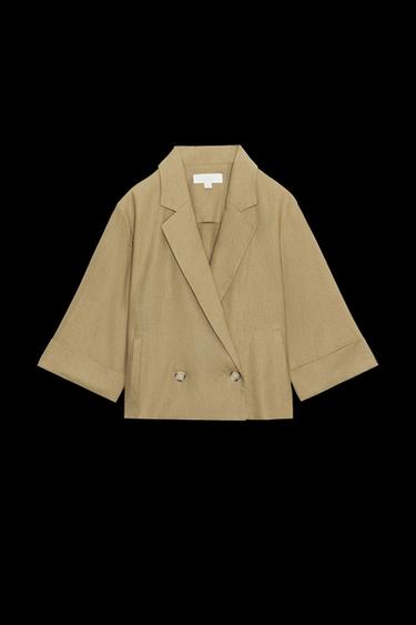 Zara LINEN DOUBLE BREASTED SHORT BLAZER - Oil