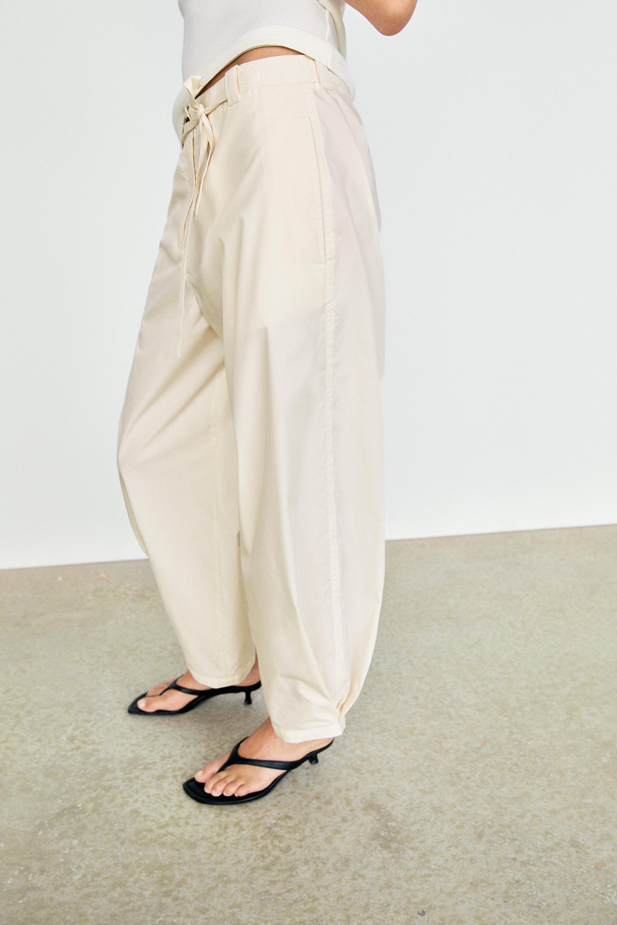 Cotton blend pants with tie detail — White