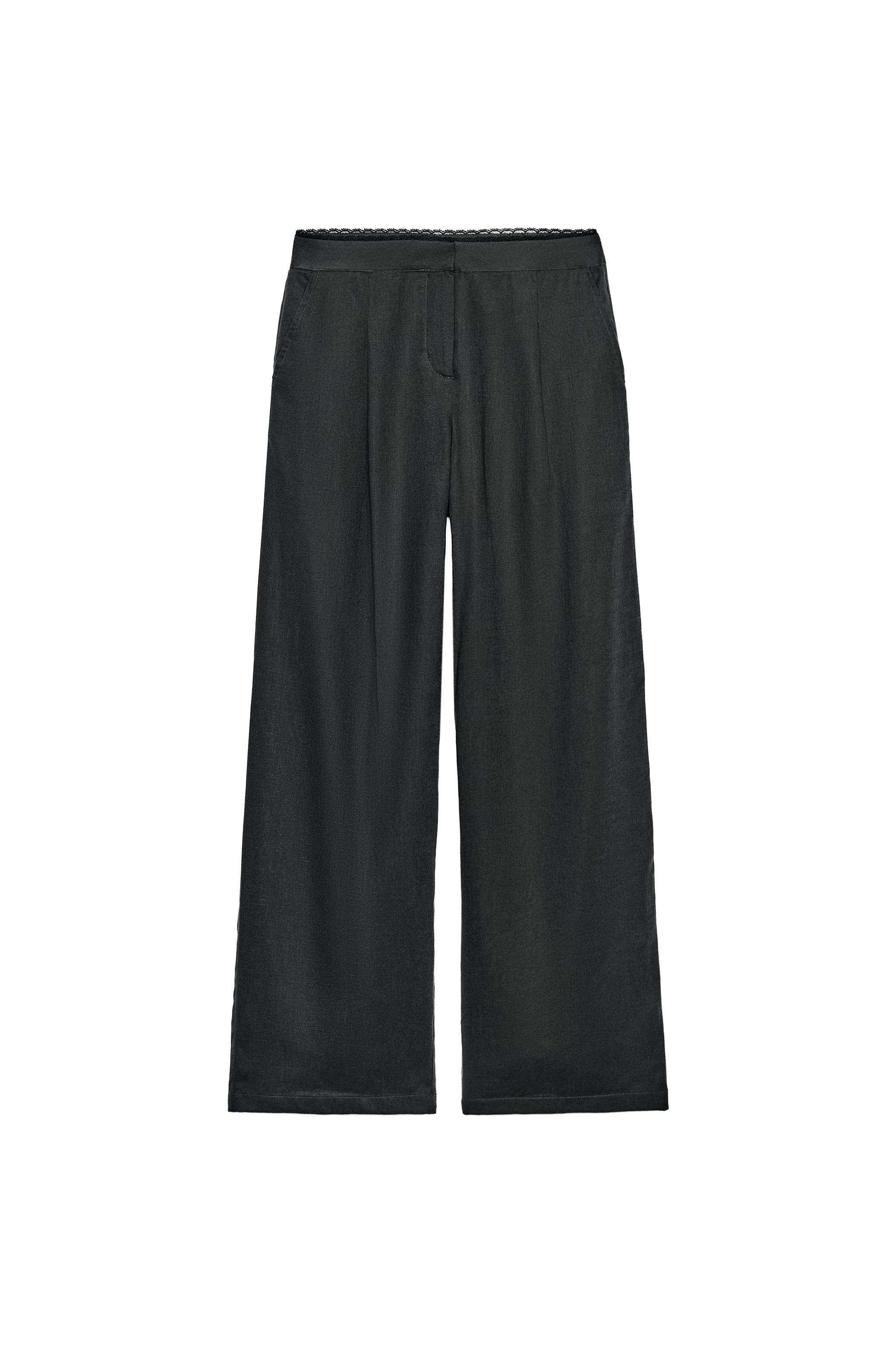 STRAIGHT LEG LINEN PANTS WITH LACE TRIM