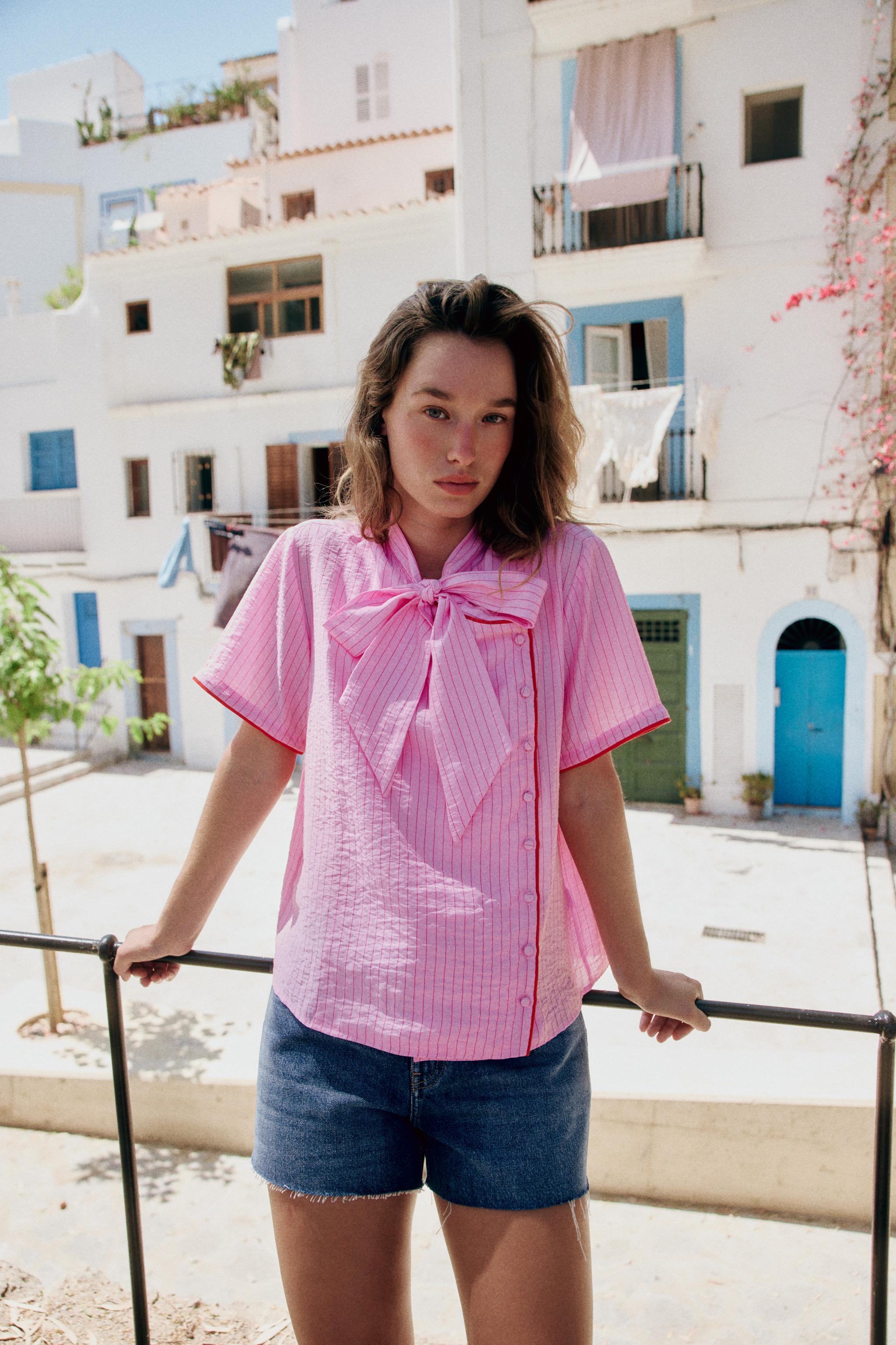 Женские рубашки Zara STRIPED TIE TOP — фото 2