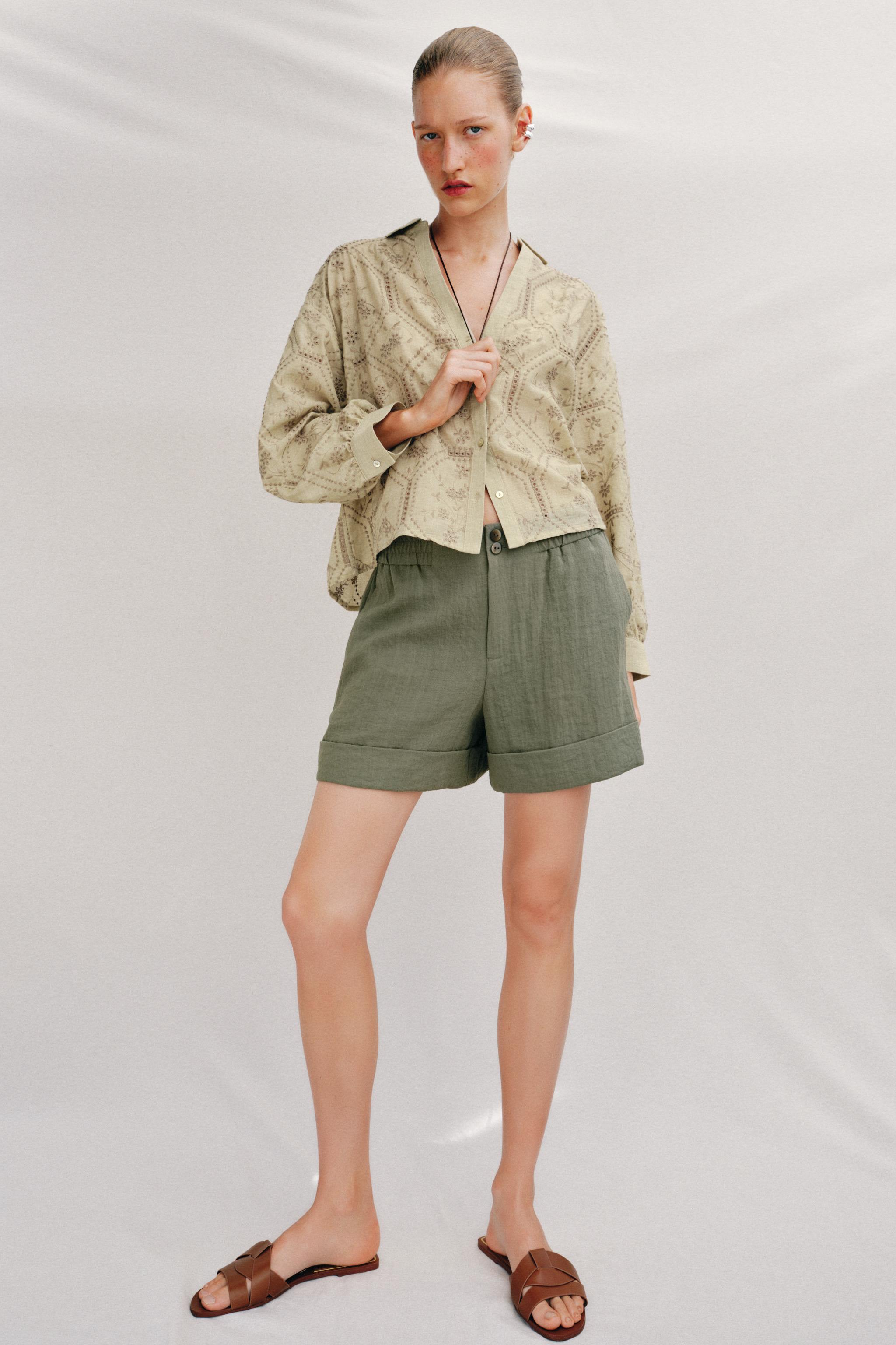 EMBROIDERED EYELET SHIRT — Light khaki