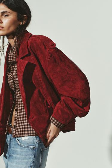 BLOUSON EN CUIR DAIM 100% AVEC PASSANTS - Rouge de Zara - Image 2