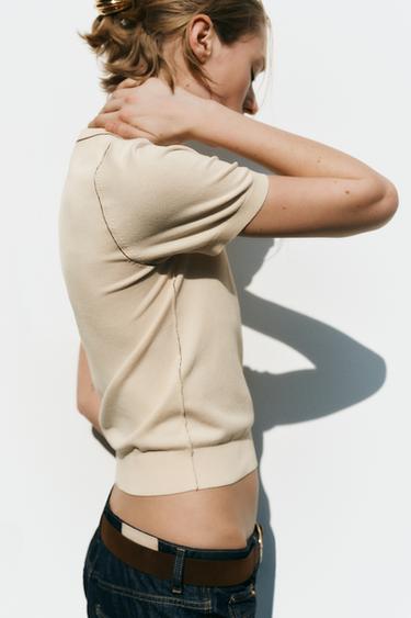 TOP EN MAILLE À MANCHES COURTES AVEC LISERÉS - Écru de Zara - Image 2