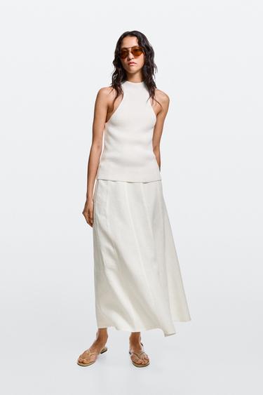 Zara 100% linen denim-effect midi skirt - Oyster-white - Image 0