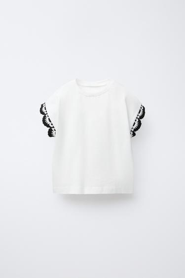 CROCHET SLEEVE T-SHIRT - Black / White by Zara
