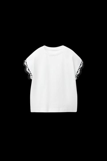 T-SHIRT MIT HÄKELÄRMELN - Weiß / Schwarz von Zara - Bild 0