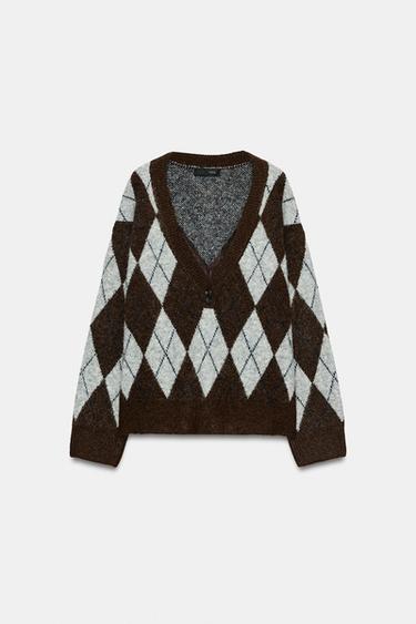 KNIT JUMPER WITH ARGYLE - Brown by Zara - Image 0