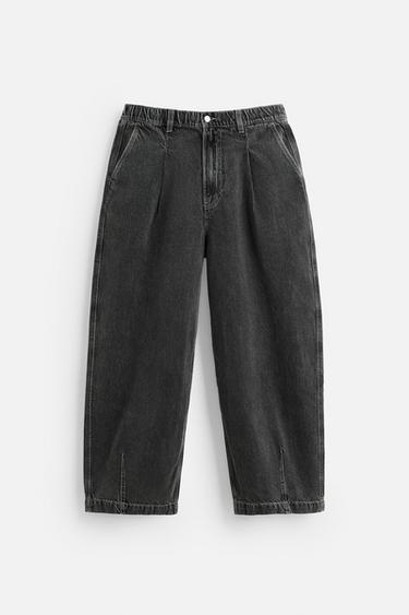 WIDE-LEG PLEATED DENIM CHINO TROUSERS - Grey by Zara
