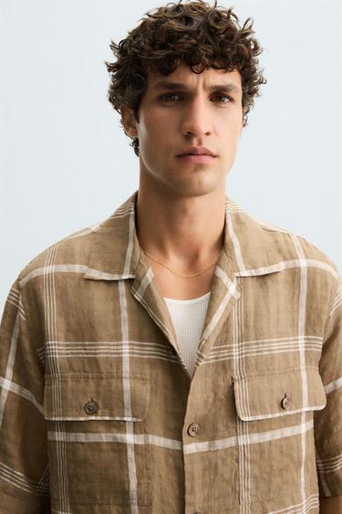 CHECKED LINEN/COTTON SHIRT - Brown by Zara - Image 4