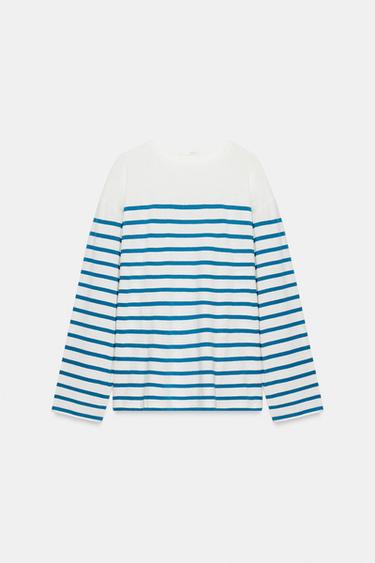 CAMISETA RAYAS ALGODÓN Y LINO - Crudo / Azul de Zara - Imagen 0