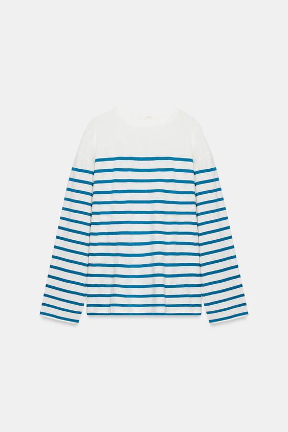 CAMISETA RAYAS ALGODÓN Y LINO - Crudo / Azul de Zara - Imagen 0