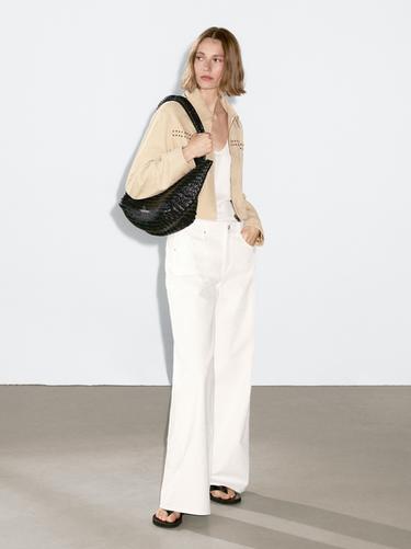 Zara Short leather jacket with stud details - Ecru / Khaki - Image 0