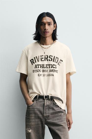 RELAXED-FIT-T-SHIRT MIT SCHRIFTZUG IN VERWASCHENER OPTIK - Cremefarben von Zara