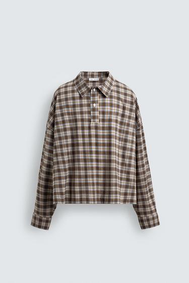 BOXY FIT CHECK POLO SHIRT - Brown / Ecru by Zara - Image 6