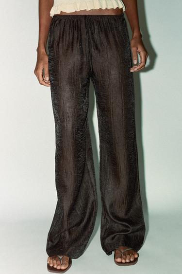 SEMI-SHEER CRINKLED TROUSERS - Brown by Zara
