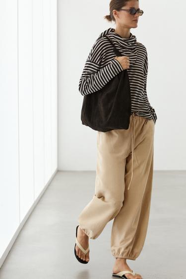 Zara Cotton blend striped T-shirt with scarf detail - Brown