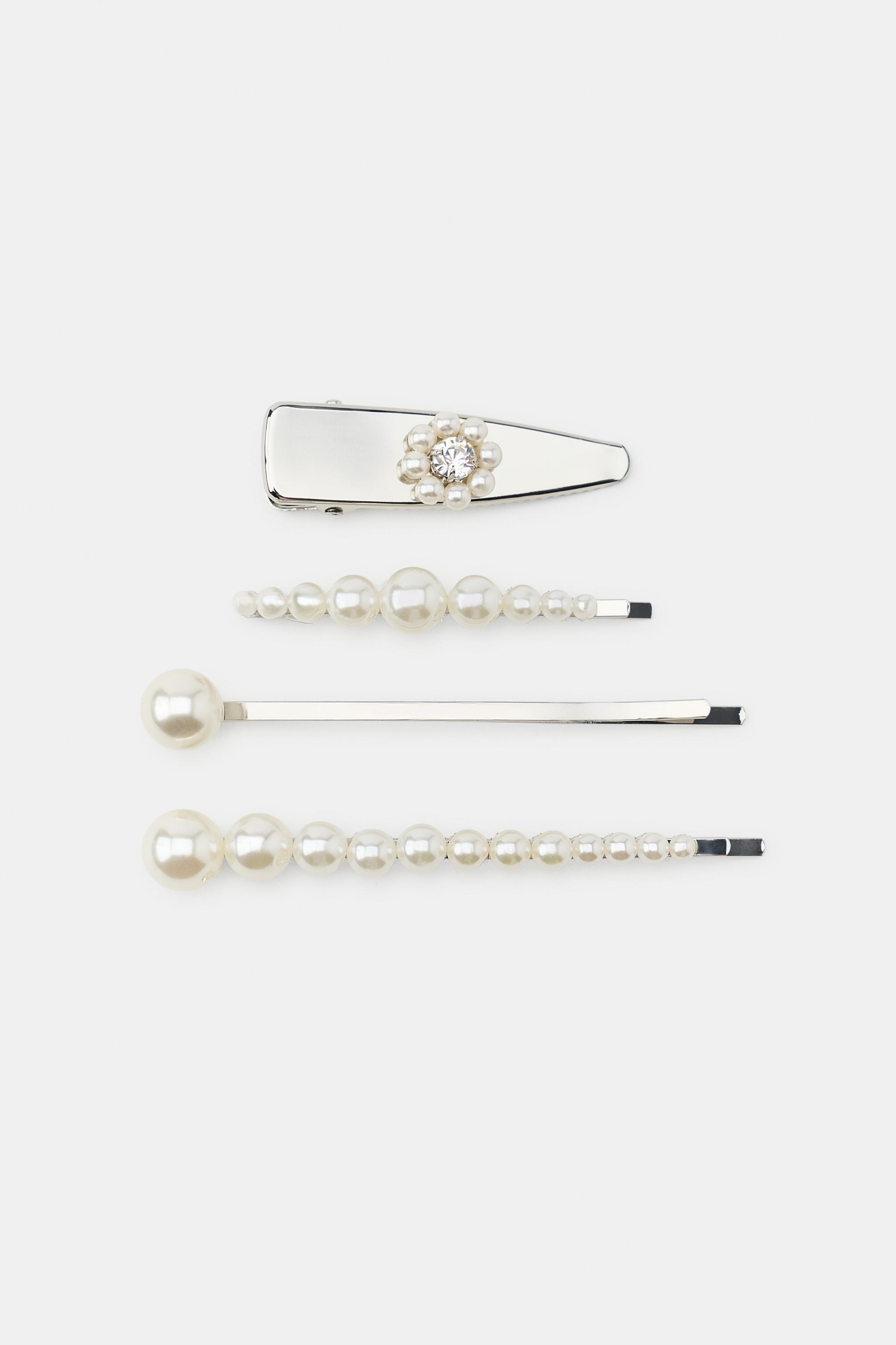 Женские аксессуары Zara PACK OF 4 METAL PEARL AND JEWEL HAIR CLIPS — фото 3