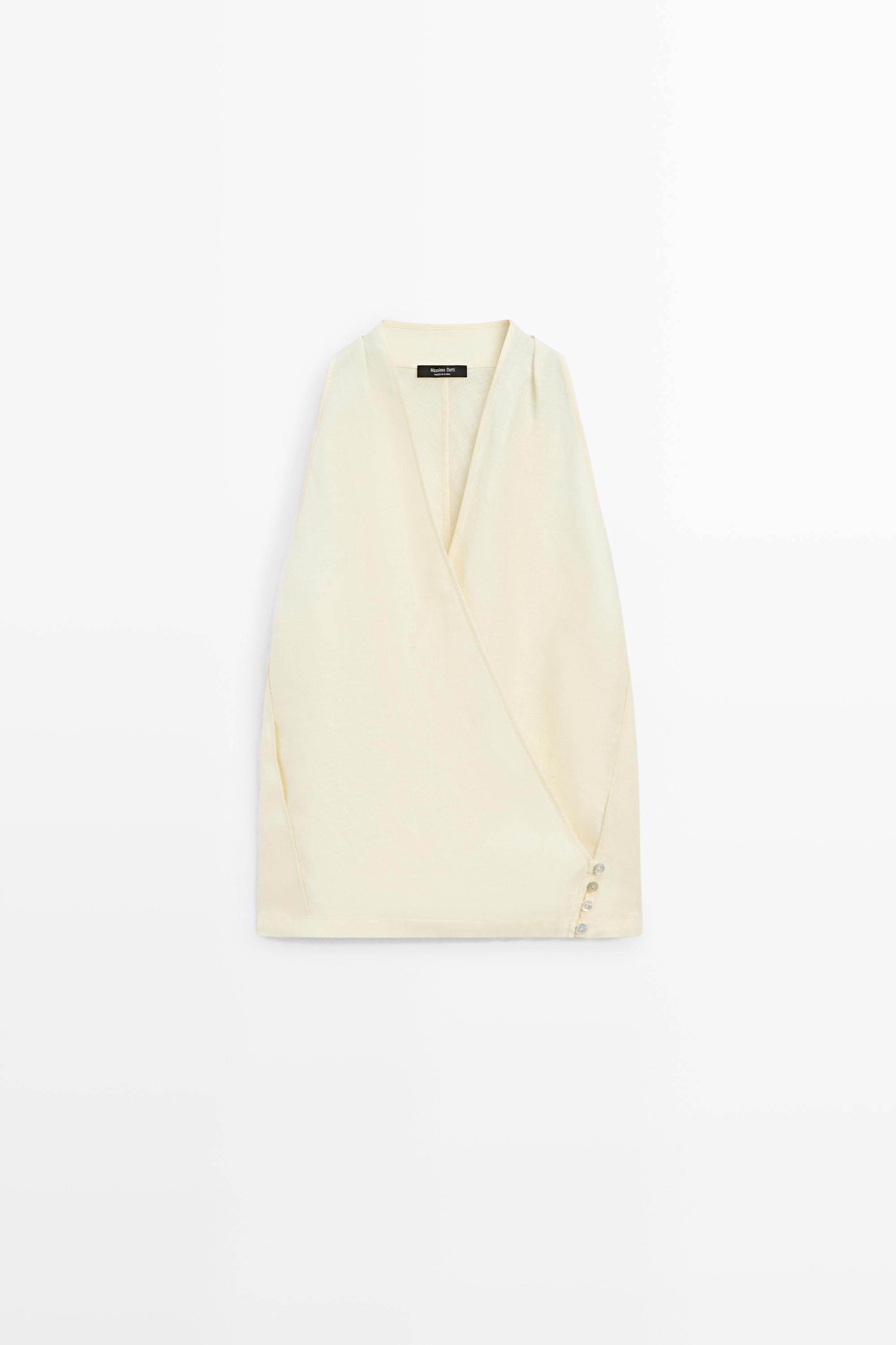 Top croisé avec détail de boutonnage 100 % lin