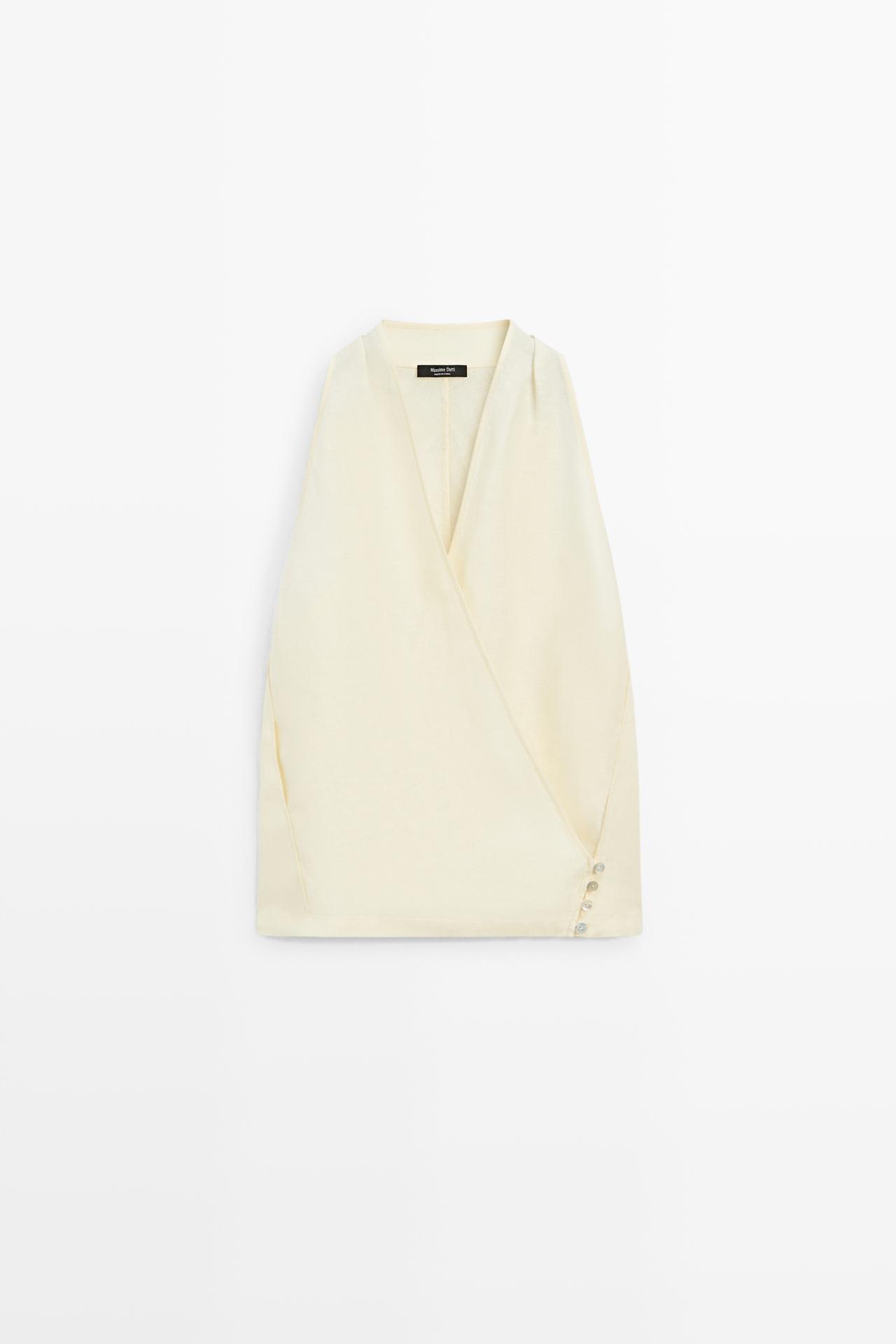 100% linen wrap top with button detail — Light yellow