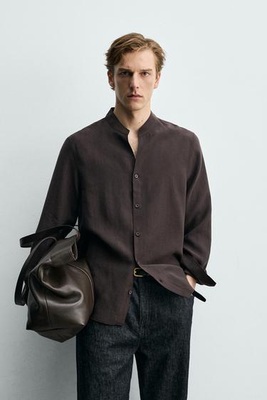 FLOWING BAND COLLAR SHIRT - Brown by Zara