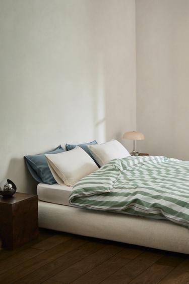 COPRIPIUMINO IN COTONE SLAVATO A RIGHE - Verde di Zara
