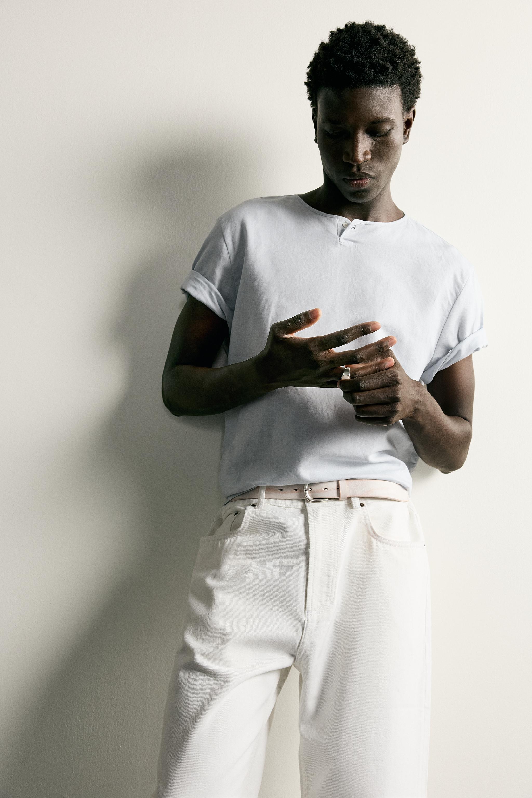 Мужские рубашки Zara HEMP AND COTTON HENLEY SHIRT — фото 6