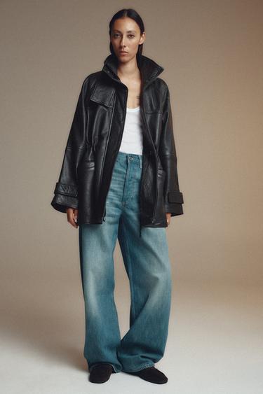 Zara ADJUSTABLE WAIST LEATHER JACKET - Black